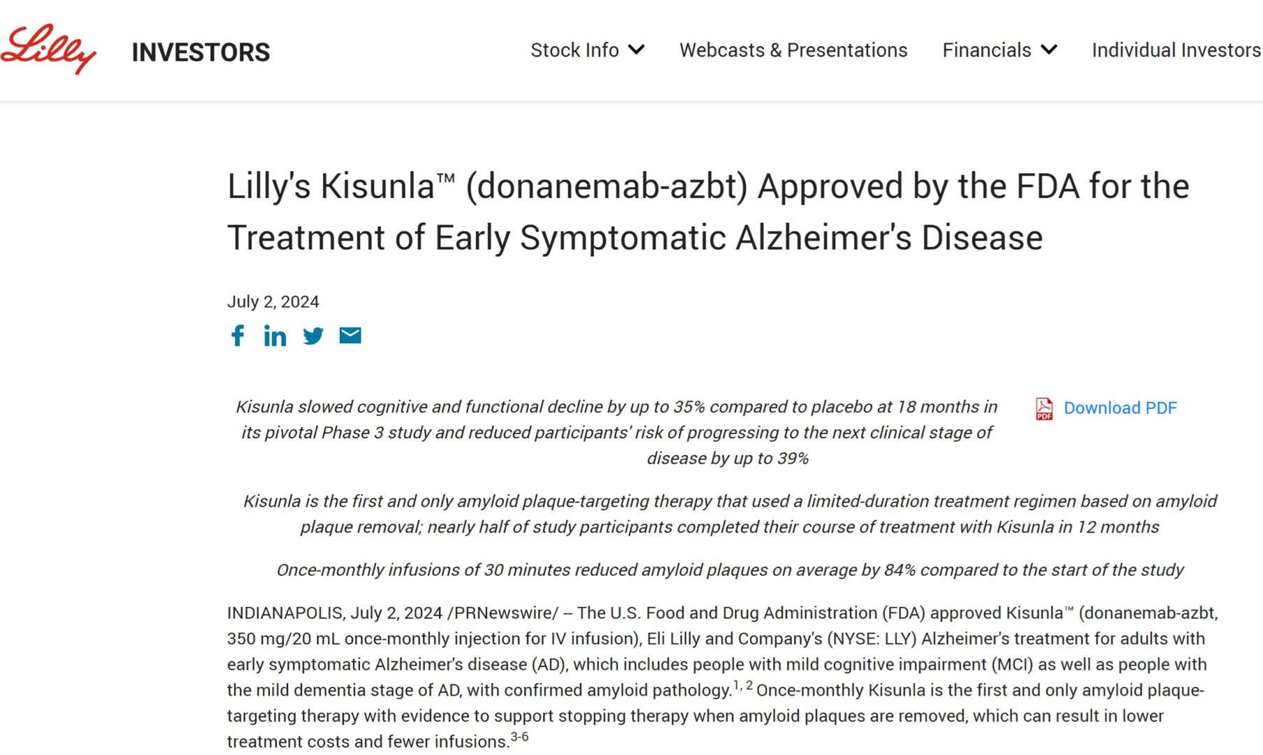 Lilly's Kisunla™ (donanemab-azbt) Approved by the FDA for the Treatment of Early Symptomatic Alzheimer's Disease